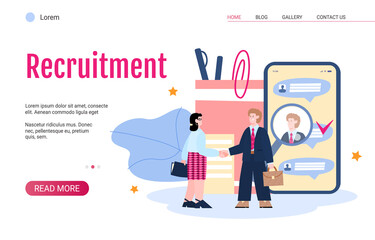 Web banner for HR recruitment agency with employer welcoming new employee, flat vector illustration on white background. Businessman hiring new staff.