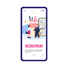 Mobile phone application page design for HR recruitment with cartoon people, flat vector illustration. Onboarding screen for job searching and hiring new staff.