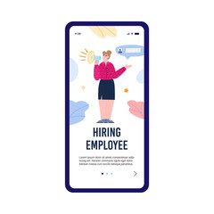 Employee hiring announcement banner on smartphone screen - recruitment and job search mobile app page with cartoon woman with loudspeaker. Vector illustration.