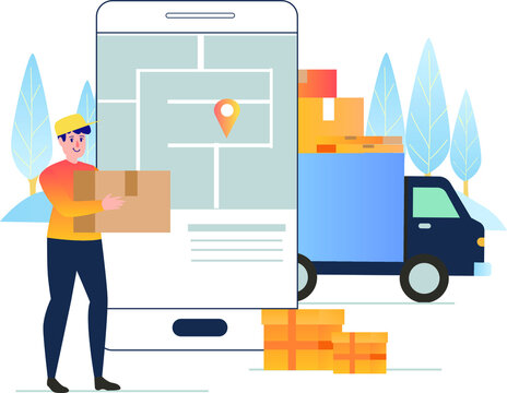 Delivery man delivering package following online order