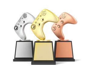 Gold, silver and bronze gamer trophies on white background © magraphics