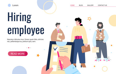 Hiring employee website page template with cartoon characters of job candidates visiting recruitment agency or company HR department, flat vector illustration.