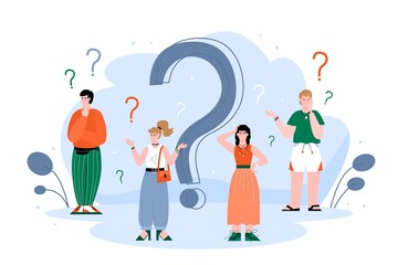 Confused people in doubts standing around question mark, flat vector illustration isolated on white background. Customers support and technical assistance.