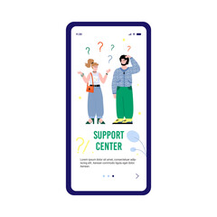 Confused and doubting people on the mobile phone screen. Concept of frequently asked questions in the support center. Page design for a mobile app. Vector flat cartoon illustration