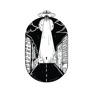 tattoo and t-shirt design black and white hand drawn alien in the city premium vector