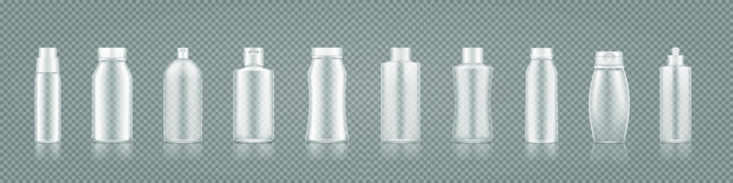 Empty transparent bottles mockup for shampoo, lotion, gel, cream. Blank plastic cosmetic package container. Beauty product template for branding or presentation. 3d realistic vector illustration