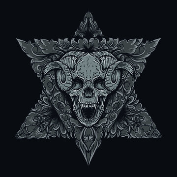 artwork illustration and t-shirt design devil skull with engraving ornament premium vector