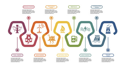 Infographic Alternative Energy template. Icons in different colors. Include Tidal Energy, Biomass Energy, Wind Energy, Geothermal Power and others.