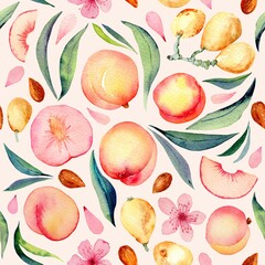 Watercolor seamless pattern with apricots, peaches and leaves