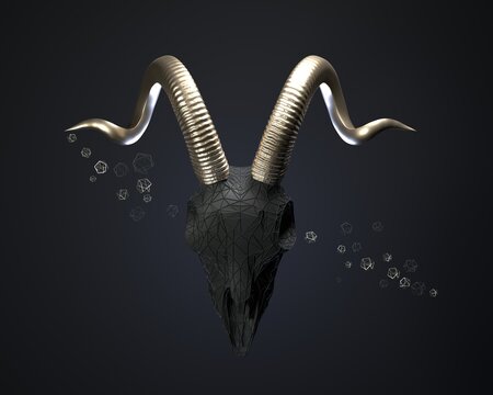 Black skull of a billy goat with silver horns on a black background. 3D render / rendering