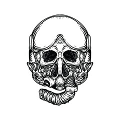 tattoo and t-shirt design black and white hand drawn skull pilot jet helmet premium vector