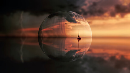 Surreal glass sphere dramatic sea