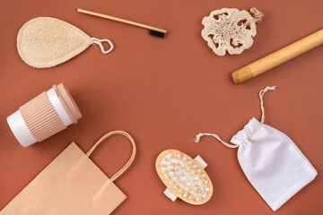 Set of eco friendly bamboo toothbrush, eco bag, reusable coffee mug, wooden comb, loofah sponge....