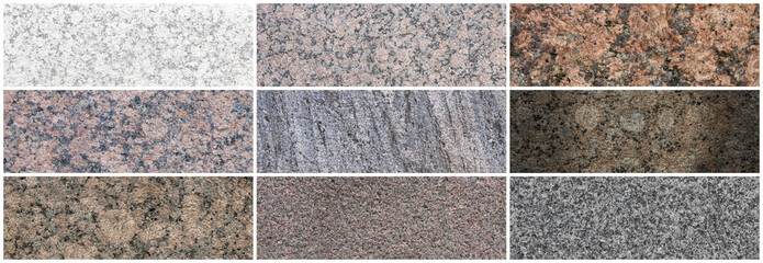 Granite texture set. Collection of panoramic stone backgrounds. Beautiful natural granite with a...