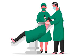 Illustration of Dentist Doctor and Nurse Doing Checkup to Patient Lying Down at Dental Chair.