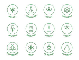 Organic cosmetic line icons set. GMO free emblems. Natural product badges. Product free allergen labels. Organic stickers. Healthy eating. Vegan, bio food. Vector illustration