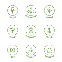 Organic stickers. GMO free emblems. Organic cosmetic line icons set. Natural product badges. Product free allergen labels. Healthy eating. Vegan, bio food. Vector illustration