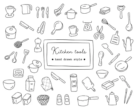 手書きの調理器具のイラストのセット キッチン 道具 おしゃれ 料理 Stock Vector Adobe Stock