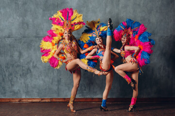 Three Woman in cabaret costume with colorful feathers plumage.