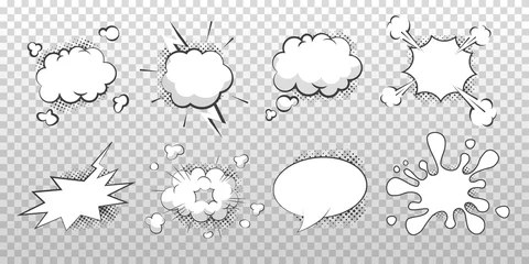 Meubelstickers Set of empty paper white bubble speech and thought. Cartoon pop art and versus comic bubbles template. Vector illustration isolated on transparent background. © Yuliia