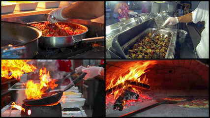 Professional Cooking Photo Collage - Team of Professional Chefs Preparing and Cooking Food in a Commercial Kitchen