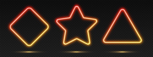 Neon gradient frames set, collection of red-yellow glowing borders isolated on a dark background. Colorful night banners, vector light effect. Triangle, star, and rhombus, bright illuminated shapes