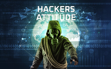 Faceless hacker at work with HACKERS ATTITUDE inscription, Computer security concept