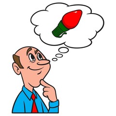 Thinking about Christmas Lights - A cartoon illustration of a man thinking about Christmas Lights.