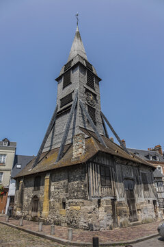 Clock tower of Saint-Catherine Church in Honfleur. Church of St Catherine's almost entirely built out of wood, dates 15C after Hundred Years War. Honfleur, Calvados department, Lower Normandy, France.