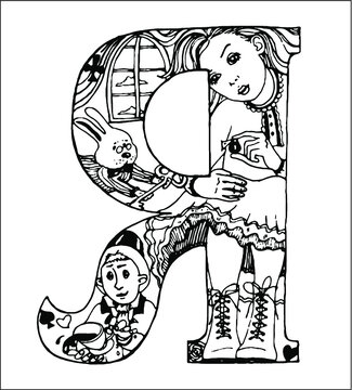 Illustration for "Alice in Wonderland" in the outline of the Russian letter "I". the initial letter, the first letter of the name, the icon. Hand painted illustration, sketch. Russian alphabet
