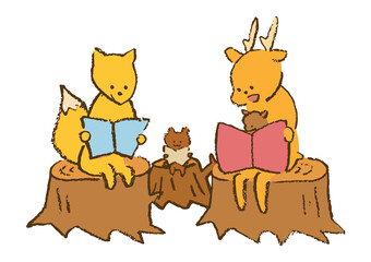 読書をする森の動物のイラスト