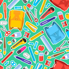 Back to school pattern seamless. Study supplies background. School texture. Briefcase, pencil and eraser. Ruler and pen. Kepler and strong