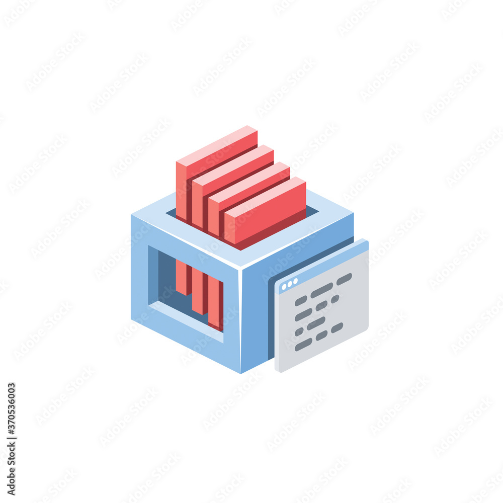 Poster server database development code window. vector 3d isometric, color web icons set, new flat style. c