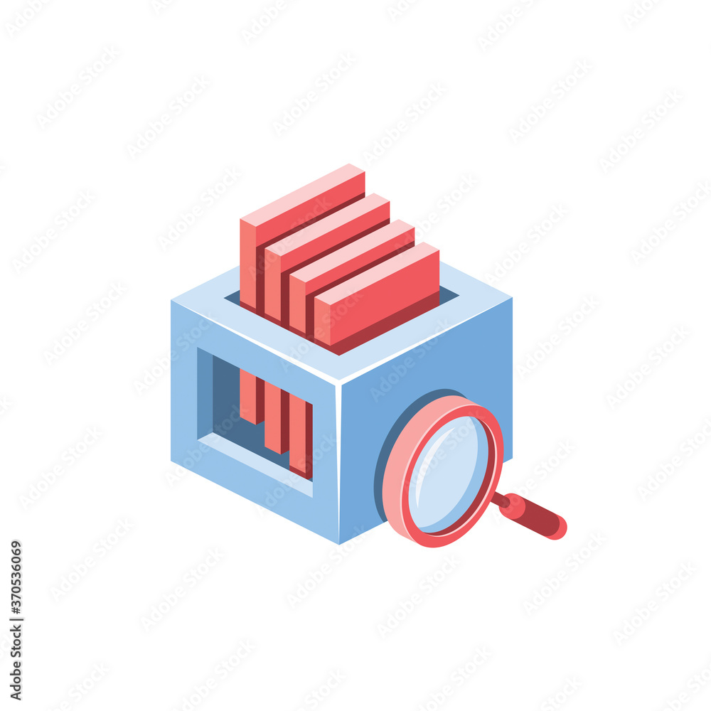 Aufkleber server database search magnifier. vector 3d isometric, color web icons set, new flat style. creative