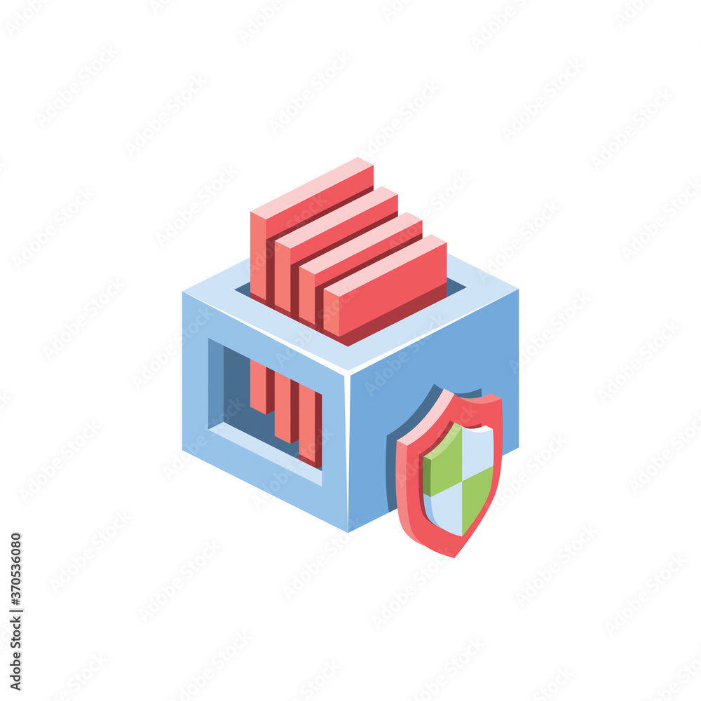 Poster server database security shield. vector 3d isometric, color web icons set, new flat style. creative 