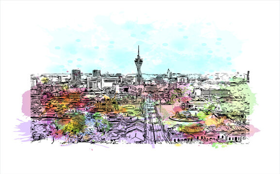 Building view with landmark of Alor Setar, known as Alor Star from 2004 to 2008, is the state capital of Kedah, Malaysia. Watercolor splash with hand drawn sketch illustration in vector.