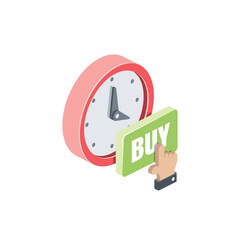 Time clock buy button Forefinger hand. Vector 3d isometric, color web icons set, new flat style. Creative illustration, idea for infographics.