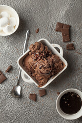 Chocolate ice cream. Ice cream with caramel and chocolate. Close up ice cream