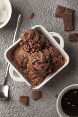 Chocolate ice cream. Ice cream with caramel and chocolate. Close up ice cream