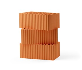 Stack of three red brick stones over white background, architecture, construction or masonry concept
