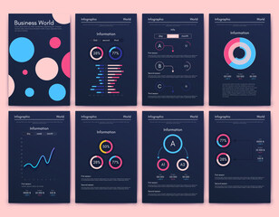Modern infographic vector elements for business brochures. Use in website, corporate brochure, advertising and marketing. Pie charts, line graphs, bar graphs and timelines..