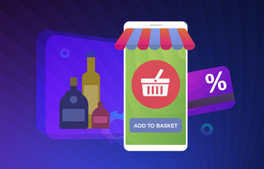Alcohol E-commerce flat vector concept illustration. Online purchase of alcohol: vodka, whiskey, wine, rum by mobile phone in specialized alco shop stores with online payment and remote delivery