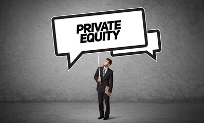 Obraz premium Young business person in casual holding road sign with PRIVATE EQUITY inscription, new business idea concept