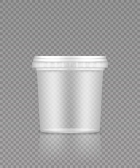 Empty transparent bucket with cap mockup for ice cream, yoghurt, mayonnaise, paint, or putty . Plastic package design. Blank food or decor product container template. 3d vector illustration