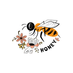 Vector image of the title-honey with a bee collecting nectar from flowers. An outline of a label with a bee character and Doodle - style flowers isolated on a white background.