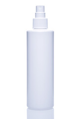 White plastic jar, packaging, disinfectant spray on a white background.
