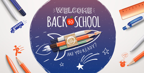 Welcome back to school text drawing with school items and elements. Welcome back to school poster. Vector illustration