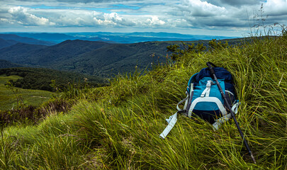 Backpack on a hill in the mountains. Hiking. BIeszczady Poland. © K.Miłkowski
