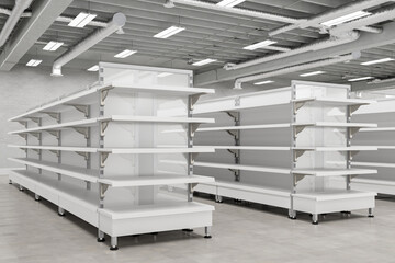 Supermarket interior with empty store shelves mock up.