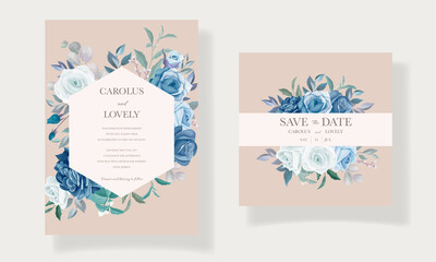 Obraz na płótnie Canvas Wedding invitation template set with beautiful blue floral bouquet and border decoration